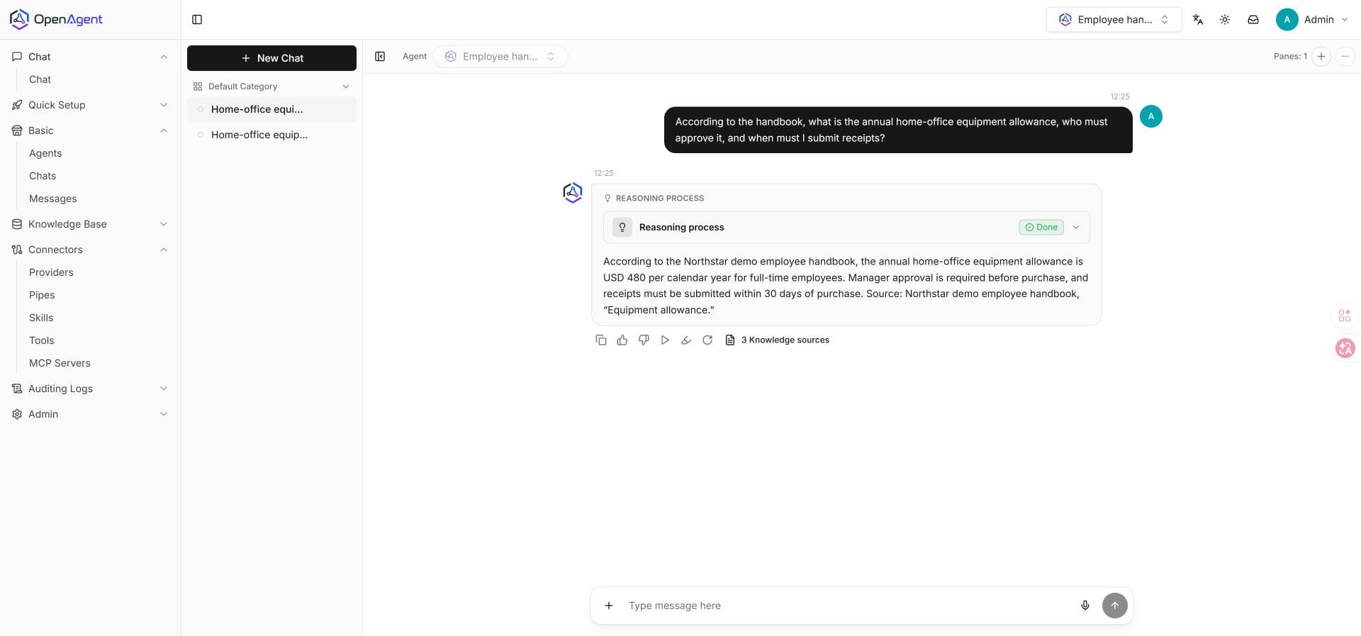 OpenAgent answering the equipment allowance question using the uploaded handbook