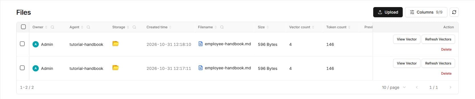 Uploaded employee handbook in OpenAgent with four generated vectors per file
