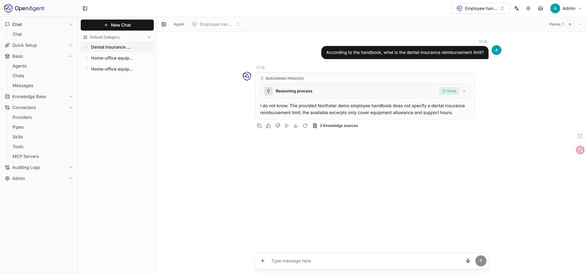 OpenAgent acknowledging that the handbook does not specify a dental insurance reimbursement limit