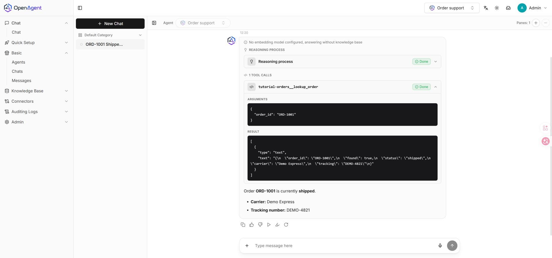 OpenAgent showing the MCP lookup_order arguments, returned order data, and matching shipping answer
