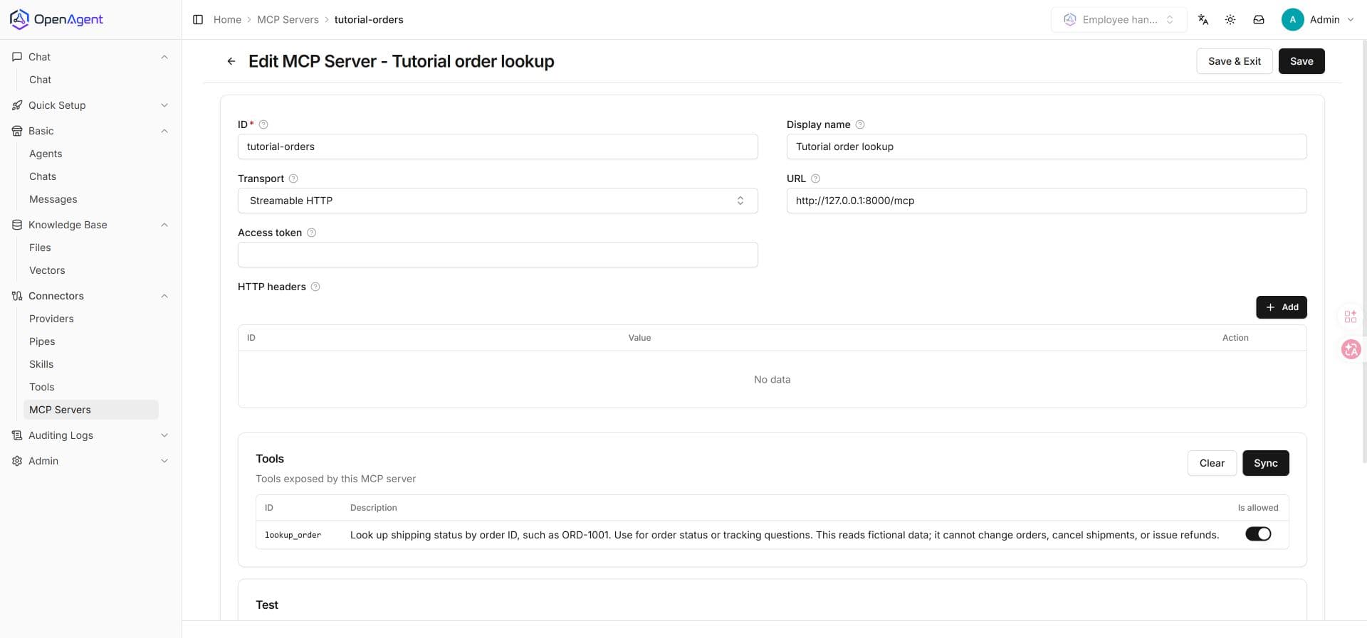 OpenAgent MCP server configured with a local Streamable HTTP URL and the synced lookup_order tool