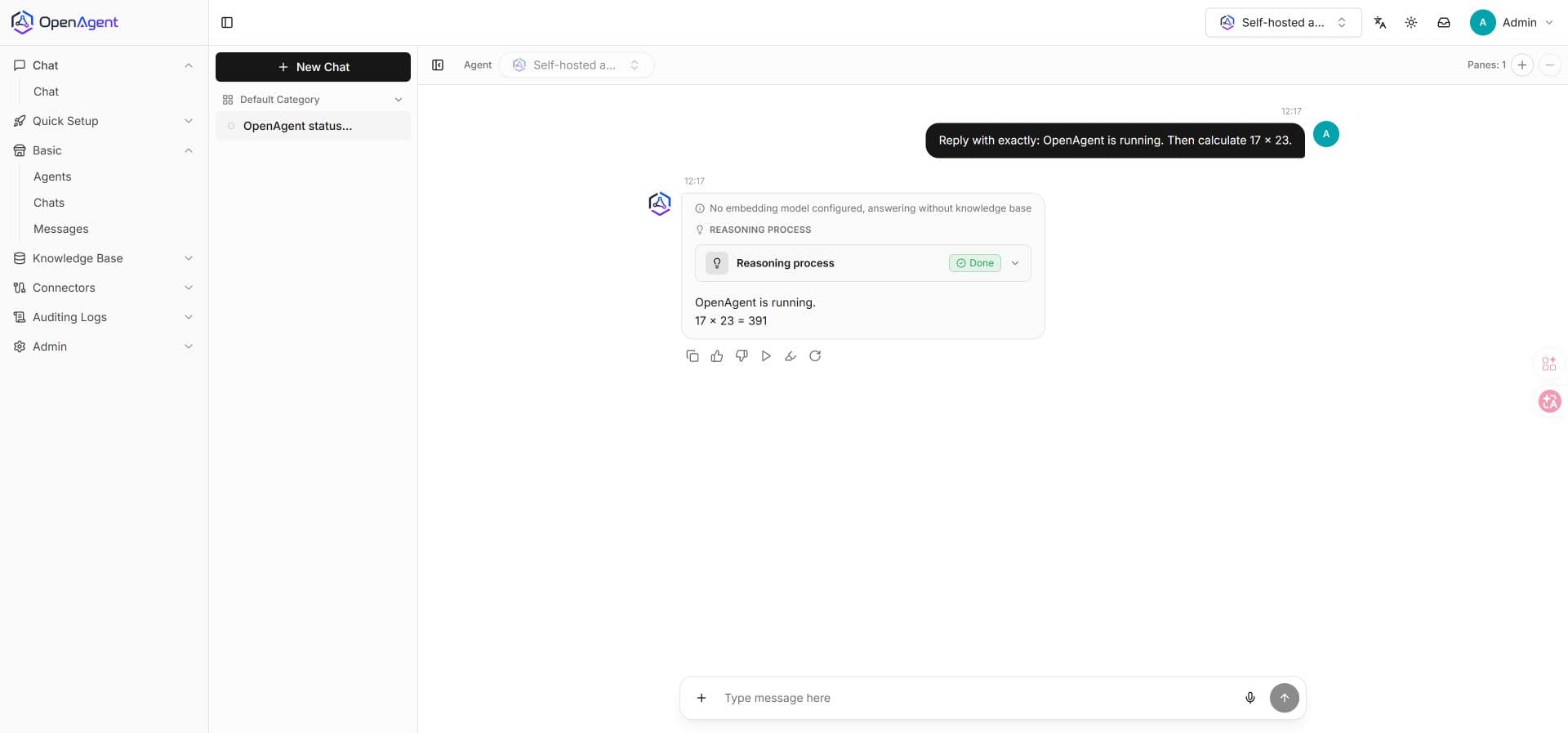 OpenAgent self-hosted assistant answering the test prompt with 17 times 23 equals 391